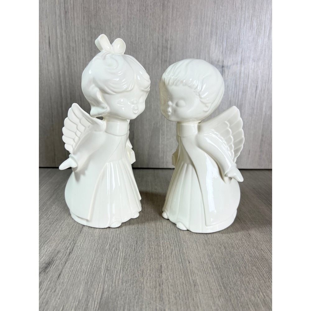 Vintage Large White Ceramic Kissing Angel Figurines Set Boy Girl Christmas